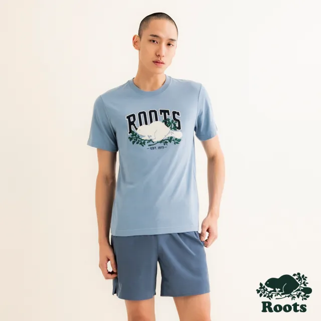 【Roots】Roots 男裝- PIXEL COOPER BEAVER修身短袖T恤(藍色)