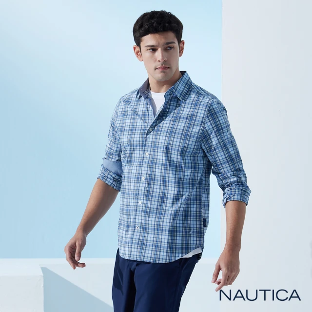 NAUTICA 男裝 吸濕排汗休閒格紋長袖襯衫(藍色)