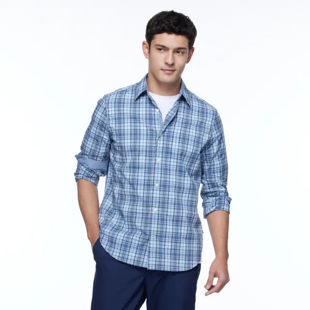 【NAUTICA】男裝 吸濕排汗休閒格紋長袖襯衫(藍色)
