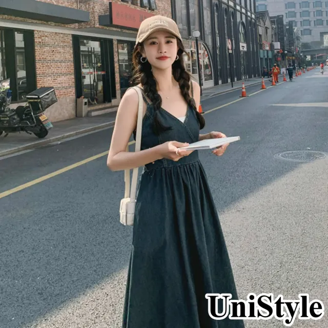 【UniStyle】2件套泡泡袖短袖上衣牛仔吊帶裙 女 ZMC203-161(藍)