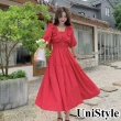 【UniStyle】方領短袖洋裝 韓系木耳邊蝴蝶結系帶顯瘦連身裙 女 ZM106-A370(紅)