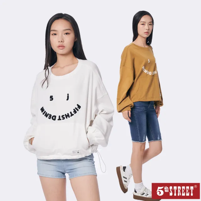 【5th STREET】雙11 女裝LOGO笑臉設計寬版長袖T恤-卡其/米白色