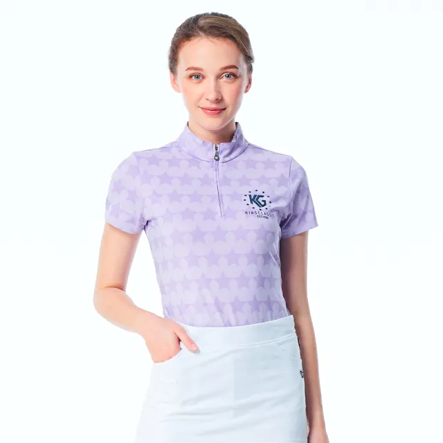 【KING GOLF】速達-實體同步款-女款星星滿版底圖立領POLO衫/高爾夫球衫(紫色)
