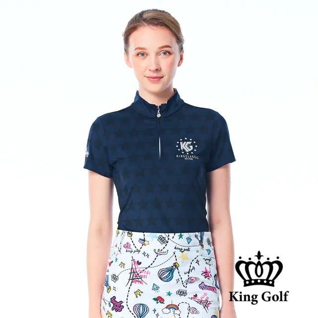【KING GOLF】速達-實體同步款-女款星星滿版底圖立領POLO衫/高爾夫球衫(丈青)
