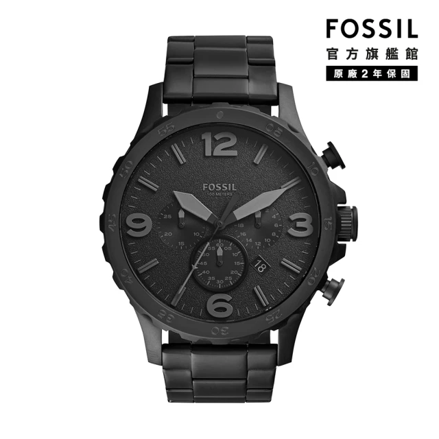 【FOSSIL 官方旗艦館】Nate 粗曠帥氣計時指針手錶 黑色不鏽鋼錶帶 50mm JR1401