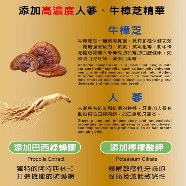 【浚松嚴選】牛樟芝人蔘雙效牙膏漱口水組(牙膏*3+漱口水*1)