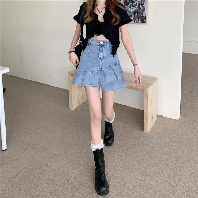 【Amirr 艾米爾】★高腰牛仔荷葉邊魚尾短裙(女上衣/短袖/短裙)