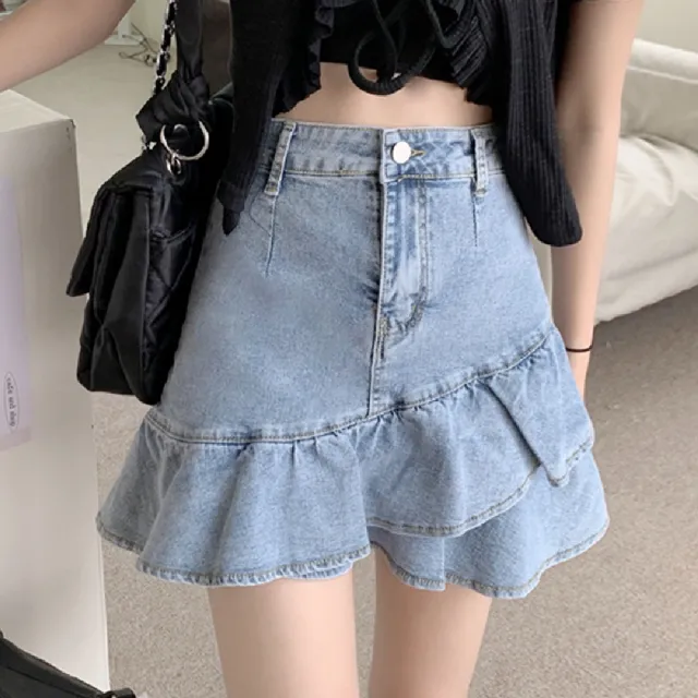 【Amirr 艾米爾】★高腰牛仔荷葉邊魚尾短裙(女上衣/短袖/短裙)