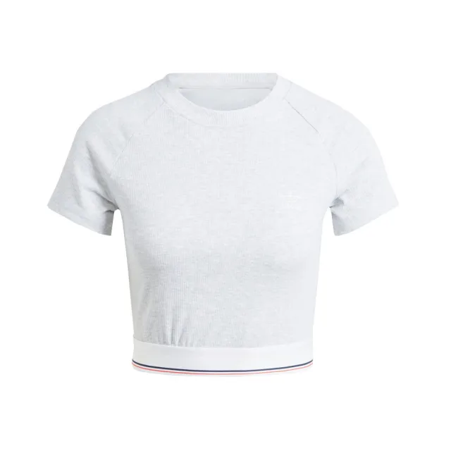 【adidas 愛迪達】CS RIB SS Tee 女 短版 短袖 上衣 運動 休閒 三葉草 羅紋 淺灰(IS2318)