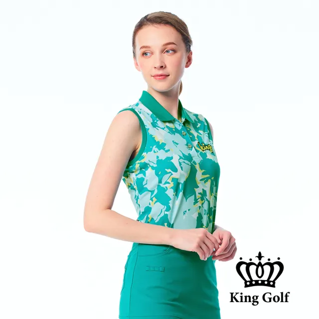 【KING GOLF】實體同步款-女款燙鑽刺繡迷彩印花撞色領口無袖背心POLO衫/高爾夫球衫(綠色)