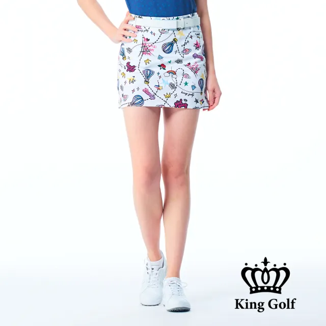 【KING GOLF】實體同步款-女款滿版繽紛熱氣球印花A LINE短裙/高爾夫球裙(白色)