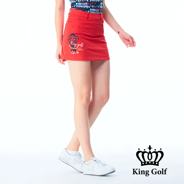 【KING GOLF】實體同步款-女款立體熱氣球刺繡素面修身A LINE短裙/高爾夫球裙(紅色)