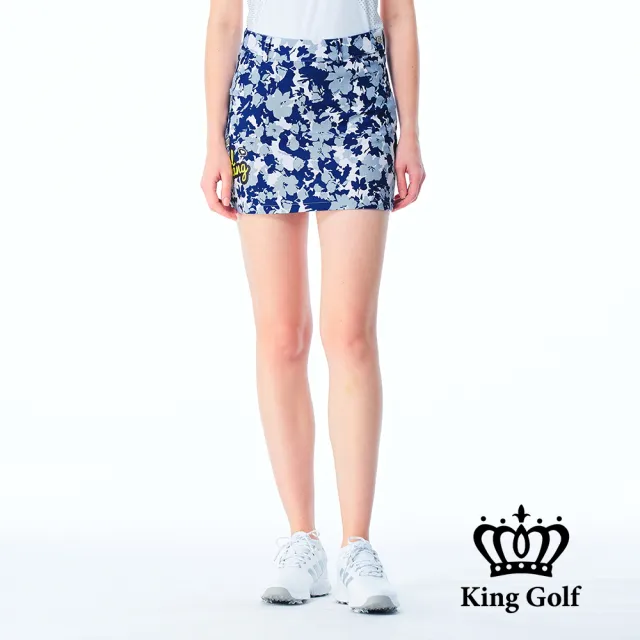 【KING GOLF】實體同步款-女款扶桑迷彩印花修身A LINE短裙/高爾夫球裙(藍色)