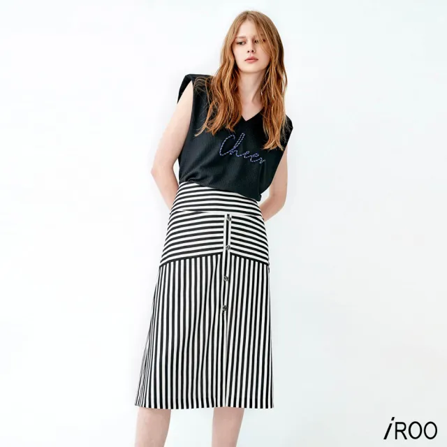 【iROO】黑白條拼接中長裙