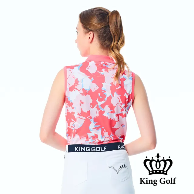 【KING GOLF】實體同步款-女款燙鑽刺繡迷彩印花撞色領口無袖背心POLO衫/高爾夫球衫(粉色)