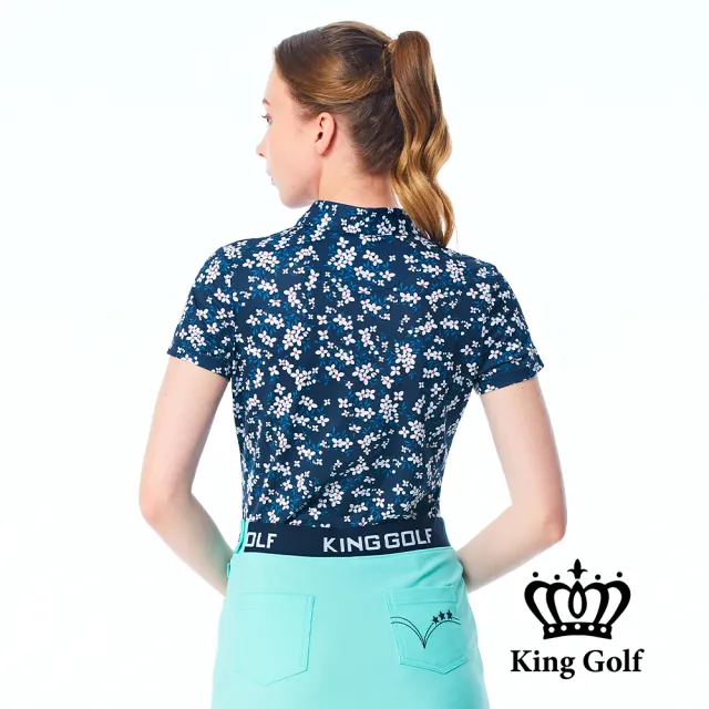 【KING GOLF】實體同步款-女款滿版繽紛小碎花印花POLO衫/高爾夫球衫(丈青)