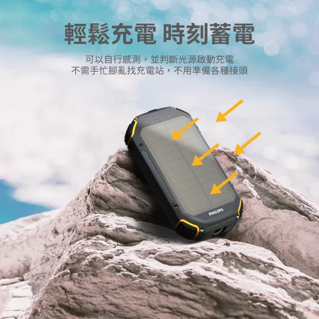 【Philips 飛利浦】DLP7726N 20000mAh 15W 3孔輸出 太陽能行動電源(有太陽就有電/超大容量/自帶照明)