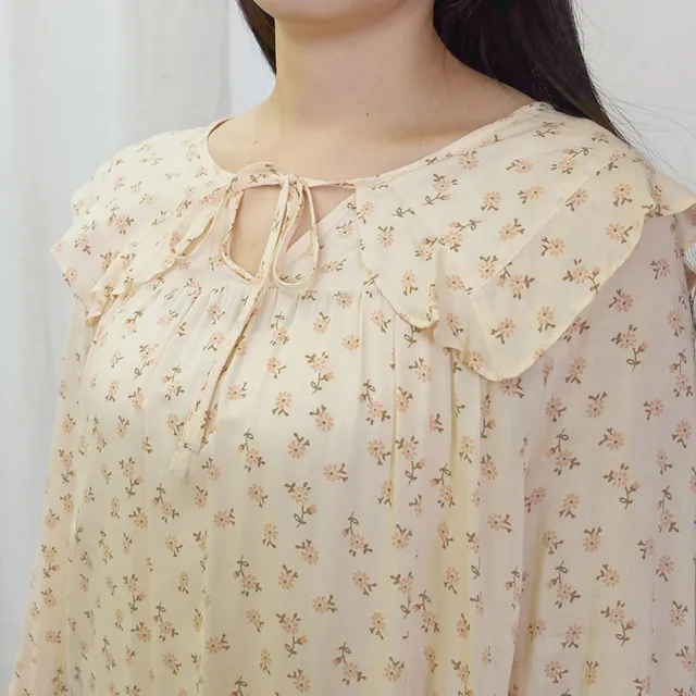 【Hana Mokuba】花木馬日系女裝荷葉邊綁帶睡衣領雪紡碎花上衣(雪紡衫)