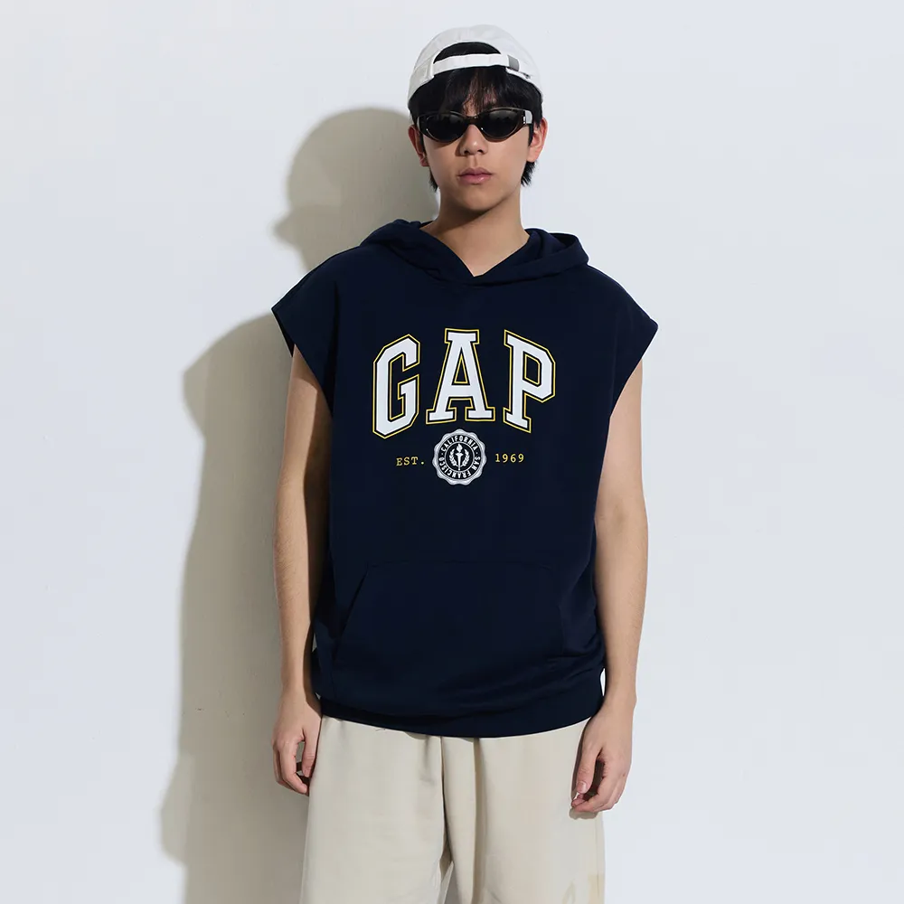 【GAP】男裝 Logo印花無袖帽T-海軍藍(885520)
