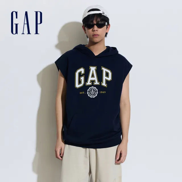 【GAP】男裝 Logo印花無袖帽T-海軍藍(885520)