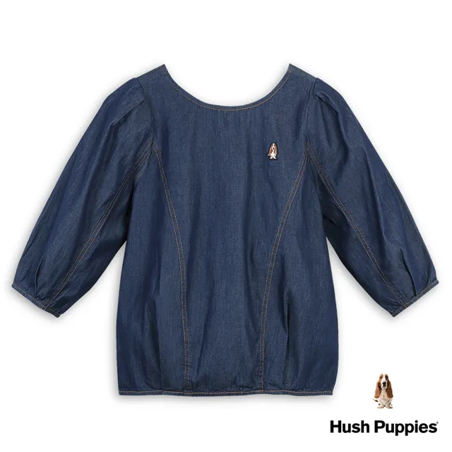 【Hush Puppies】女裝 襯衫 U領澎澎袖牛仔小狗襯衫(深藍 / 43212110)