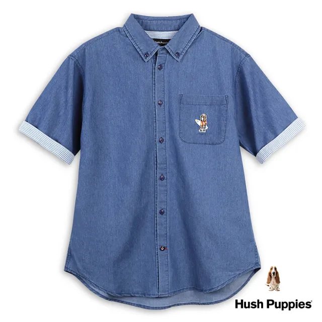 【Hush Puppies】男裝 襯衫 趣味衝浪狗刺繡寬版牛仔短袖襯衫(藍色 / 43112108)