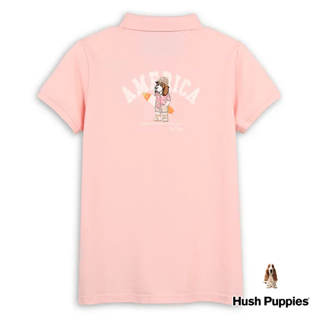 【Hush Puppies】女裝 POLO衫 趣味英文字印花度假衝浪狗寬版POLO衫(粉橘 / 43201101)