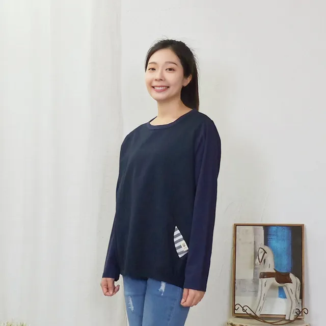 【Hana Mokuba】花木馬日系女裝針梭織拼接趣味口袋鬆緊帶收口長袖上衣(T恤)