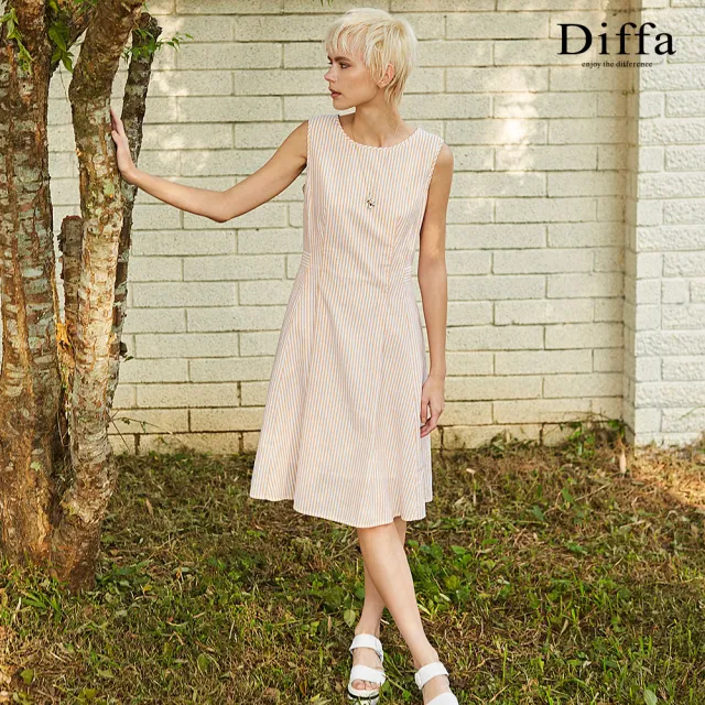 【Diffa】桔白條背心式連身洋裝-女