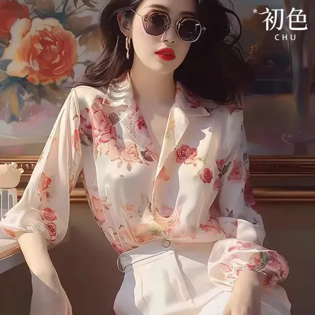 【初色】復古風碎花印花襯衫領燈籠袖長袖花襯衫上衣女上衣-粉色-33744(M-2XL可選)