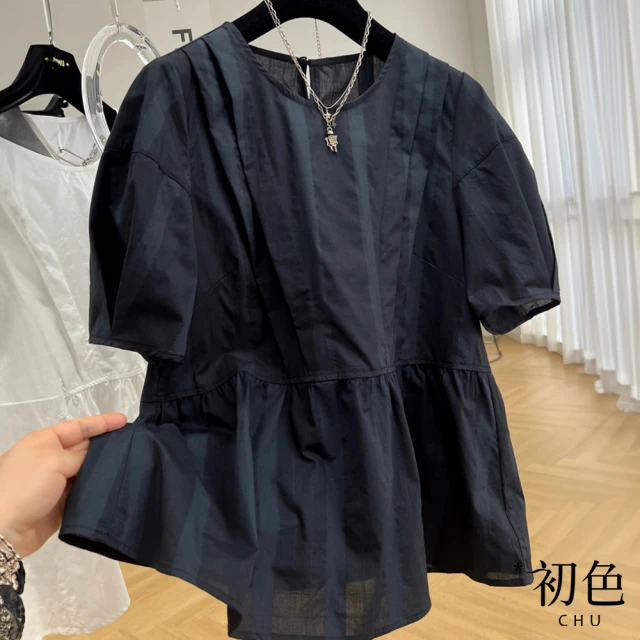 初色 純色拼接圓領棉麻風娃娃衫短袖T恤女上衣-共2色-33665(M-2XL可選)