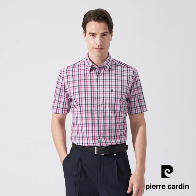 pierre cardin 皮爾卡登 商務休閒 男款 純棉格紋短袖襯衫-粉色(5247161-75)