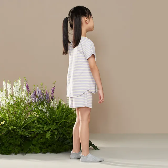 【YVONNE 以旺傢飾】出清品 童裝｜防蚊網球恐龍條紋短袖上衣(薰衣草紫)
