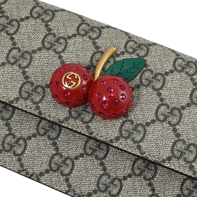 【GUCCI 古馳】GG Supreme 限定款立體水鑽櫻桃三用鍊包晚宴包(駝)