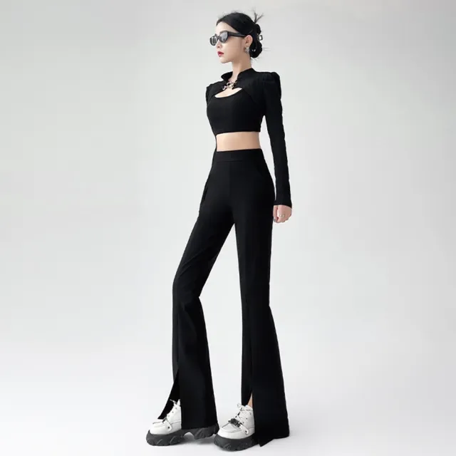 【巴黎精品】現貨+預購 休閒褲寬管長褲(顯瘦高腰開叉喇叭女褲子v1bb44)