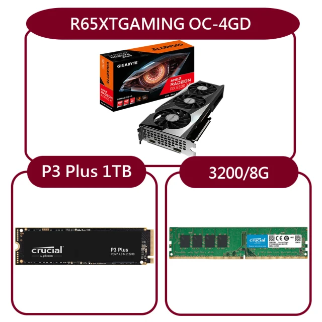 GIGABYTE 技嘉GIGABYTE 技嘉 組合套餐(美光DDR4 3200 8G+美光 P3 Plus 1TB SSD+技嘉 R65XTGAMING OC-4GD)