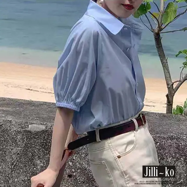 【JILLI-KO】法式復古氣質泡泡袖空氣感襯衫-F(藍/白)