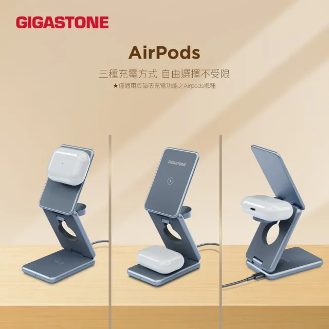 【GIGASTONE 立達】（２入組）三合一23W折疊式磁吸無線充電座(適用iPhone/蘋果耳機/手錶/MagSafe 充電盤)