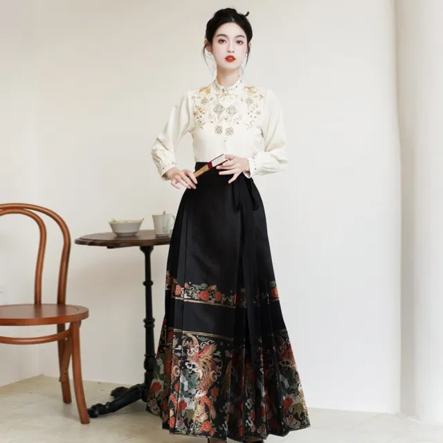 【巴黎精品】現貨+預購 中式套裝兩件式裙裝(中國風立領刺繡鳳凰馬面裙漢服女裝v1be23)