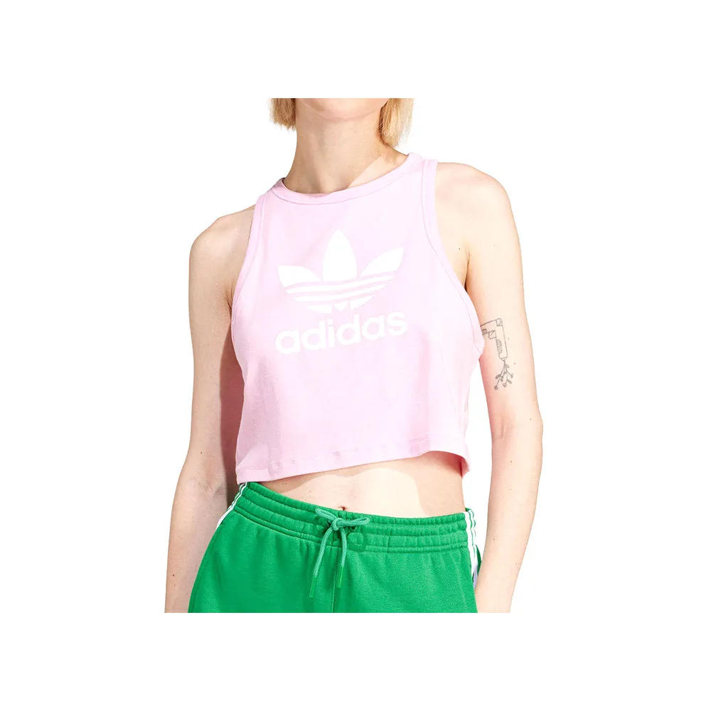 【adidas 愛迪達】Trefoil Tank 女款 粉紅色 經典 柔軟 彈性 圓領 短版 運動 背心 IP0682