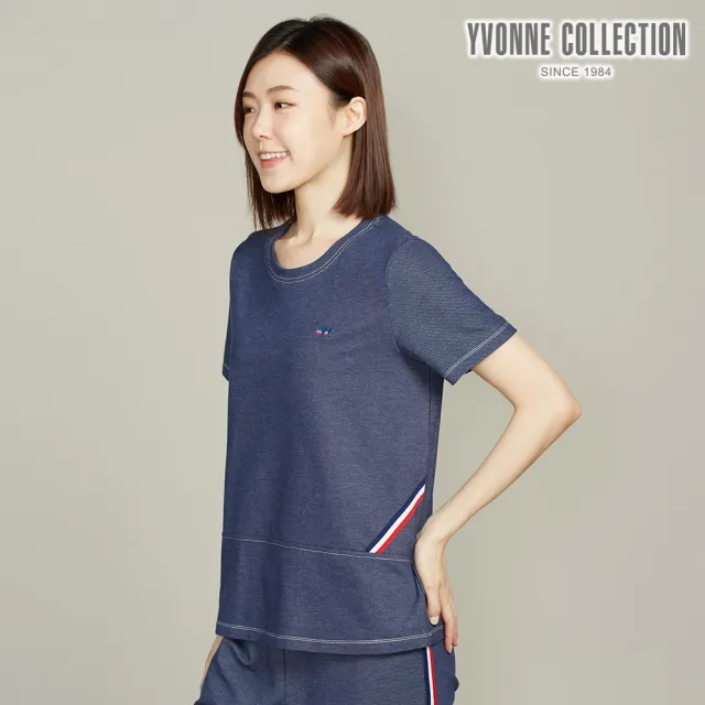 【YVONNE 以旺傢飾】出清品 鋅纖維仿牛仔彈性短袖上衣(丈青)