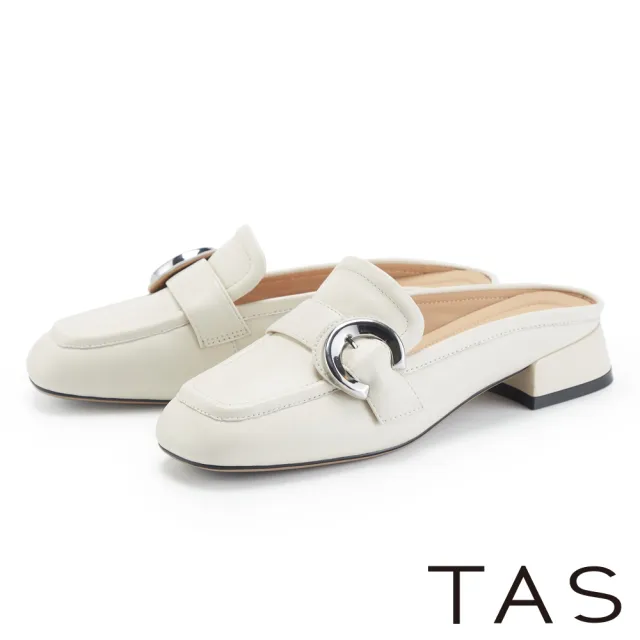 【TAS】繞帶釦環羊皮低跟穆勒鞋(米白)