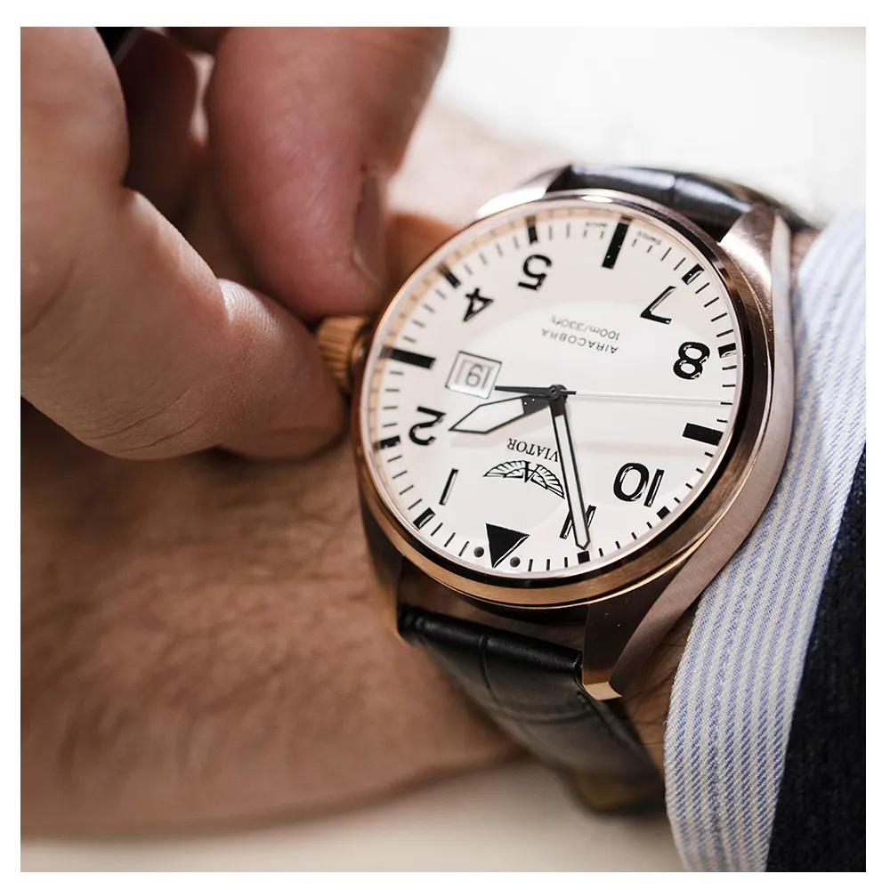 【AVIATOR 飛行員】AIRACOBRA P42 飛行風格 腕錶 男錶 手錶 玫瑰金色(V.1.22.2.152.4)