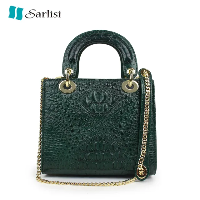 【Sarlisi】泰國進口正品真皮鏈帶包鱷魚皮女包新款斜背小香風戴妃包手提包(真皮包包 墨綠色