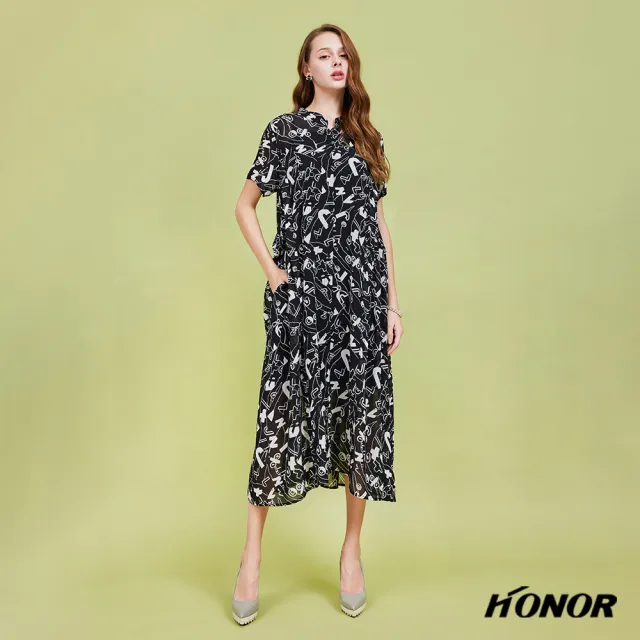 【HONOR 山形屋】出清品 雪紡透膚排釦口袋字母洋裝(限定出清)