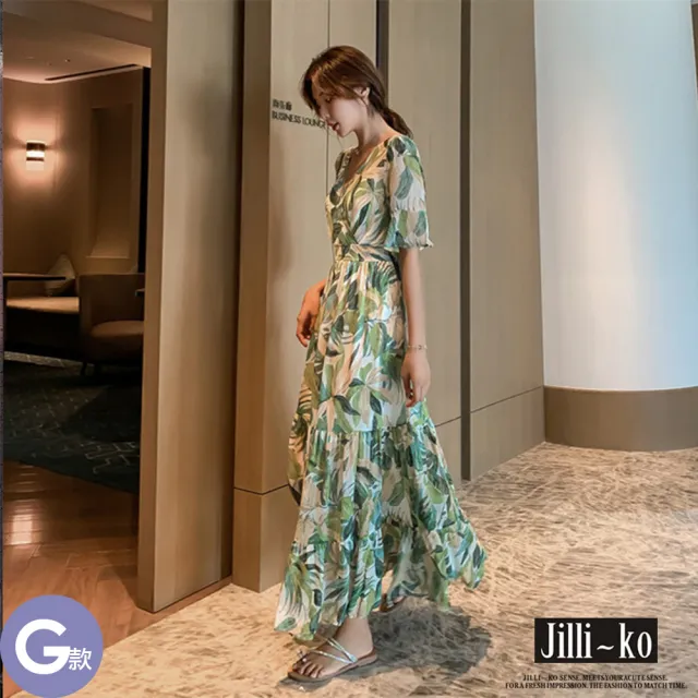 【JILLI-KO】赫本風拼接碎花長裙洋裝連衣裙-M/L/XL(多款任選)