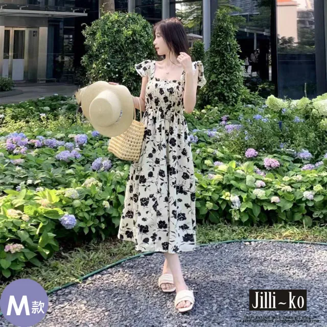 【JILLI-KO】赫本風拼接碎花長裙洋裝連衣裙-M/L/XL(多款任選)