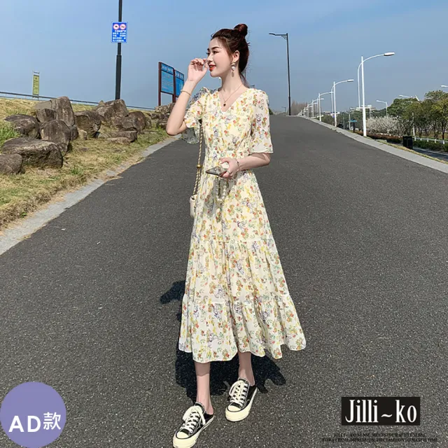 【JILLI-KO】赫本風拼接碎花長裙洋裝連衣裙-M/L/XL(多款任選)