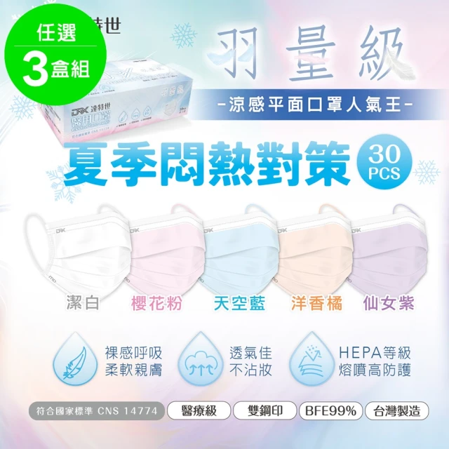 【DRX 達特世】羽量級-醫用平面口罩-成人30入_3盒組(顏色任選)