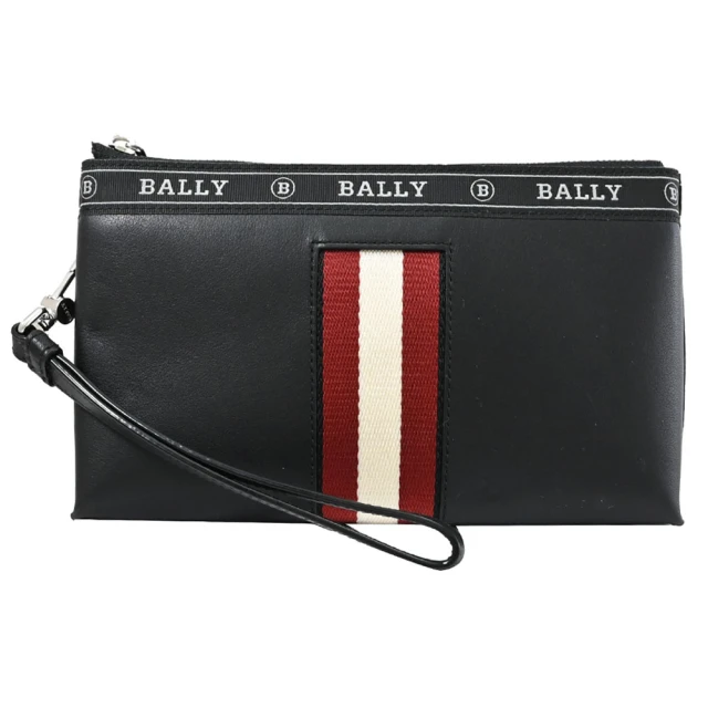 BALLY BERYER 經典紅白紅條紋織帶小牛皮手拿包手提包萬用包(黑)